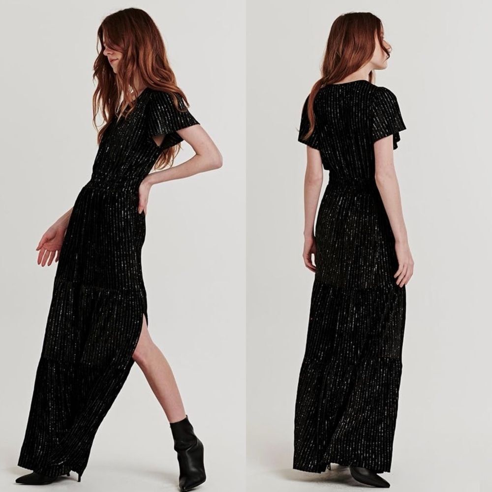 Dear John Whimsigoth Black Shimmer Maxi Dress Size S Tiered Velvet Witchy